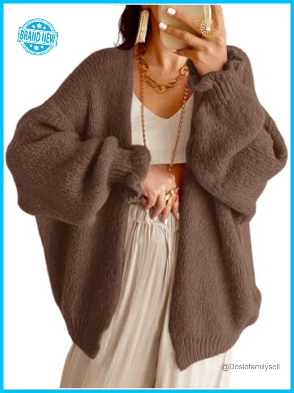 Oversized Open Front Chunky Knit Cardigan Lantern Sleeve Women's Sweater